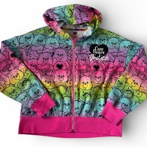 Care Bears Kids L 12/14 Rainbow Zip Hoodie All Over Print Pink Fleece Jacket